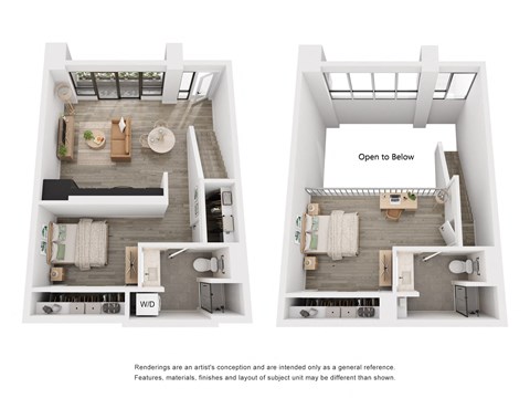 Incredible open loft-style two bedroom, two bath home, floor to ceiling windows, perfect space for living and working townhome 895 - 1,000 sq. ft. at The Weidler in Portland, OR 97209